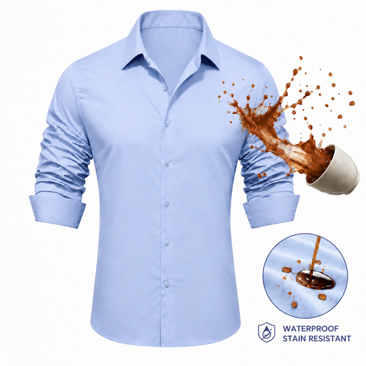 Barry. Wang Light Blue Waterproof Shirt Mens Stain Resistant Solid Long Sleeve Dress Shirt Office