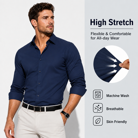 Barry. Wang 4-Way Stretch Shirt Mens Navy Blue Stain Proof Long Sleeve Dress Shirt Business Casual