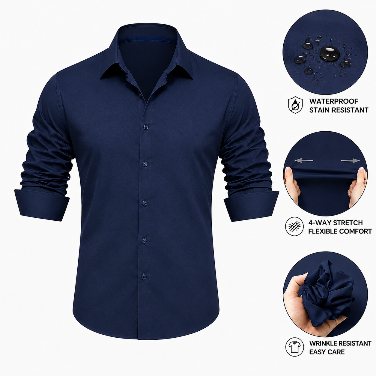 Barry. Wang 4-Way Stretch Shirt Mens Navy Blue Stain Proof Long Sleeve Dress Shirt Business Casual, XL