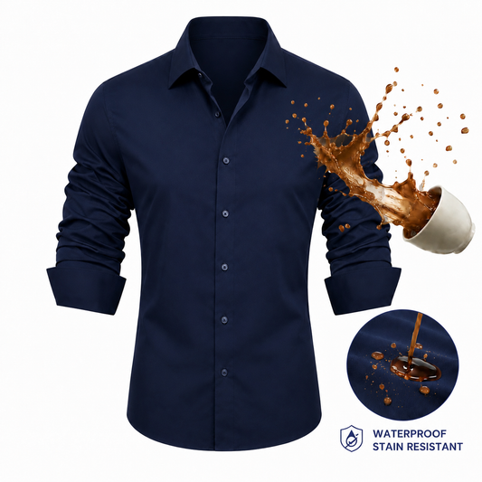 Barry. Wang 4-Way Stretch Shirt Mens Navy Blue Stain Proof Long Sleeve Dress Shirt Business Casual