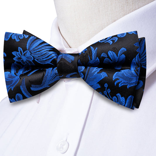 Barry. Wang Royal Blue Floral Bow Tie Set Silk Pre-tied Hanky Cufflinks for Tuxedo Mens Suit
