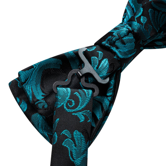 Barry. Wang Silk Jacquard Teal Bow Tie Set Pre-tied Mens Hanky Cufflinks Elegant Evening Wear