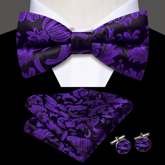 Barry. Wang Woven Purple Floral Bow Tie Set Silk Pre-tied Hanky Cufflinks for Wedding Tuxedo