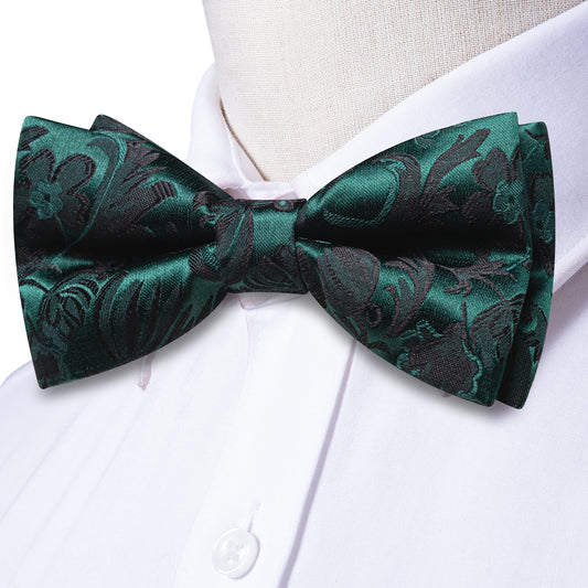 Barry. Wang Floral Bow Tie Set Silk Jacquard Dark Green Pre-tied Hanky Cufflinks for Evening Prom
