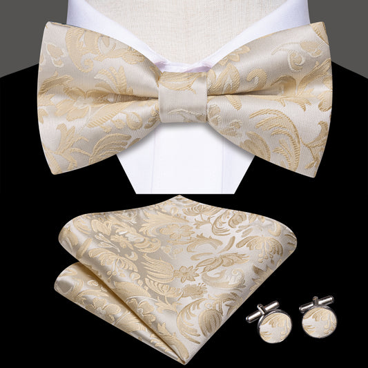 Barry. Wang Champagne Vintage Bow Tie Set Silk Pre-tied Hanky Cufflinks Grooms Wedding Party
