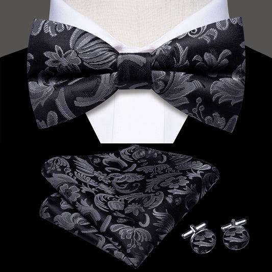 Barry. Wang Silver Grey Bow Tie Set Silk Pre-tied Pocket Square Cufflinks for Tuxedo Mens Suit