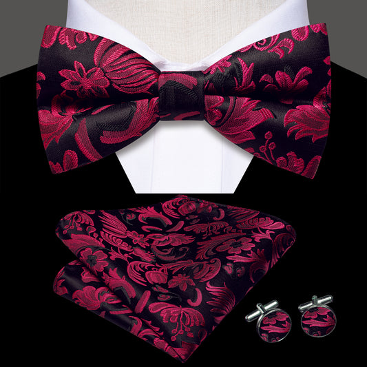 Barry. Wang Floral Burgundy Bow Tie Set Silk Pre-tied Mens Pocket Square Cufflinks for Anniversary