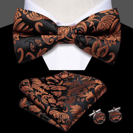 Barry. Wang Bronze Orange Jacquard Bow Tie Set Silk Pre-tied Hanky Cufflinks for Celebration