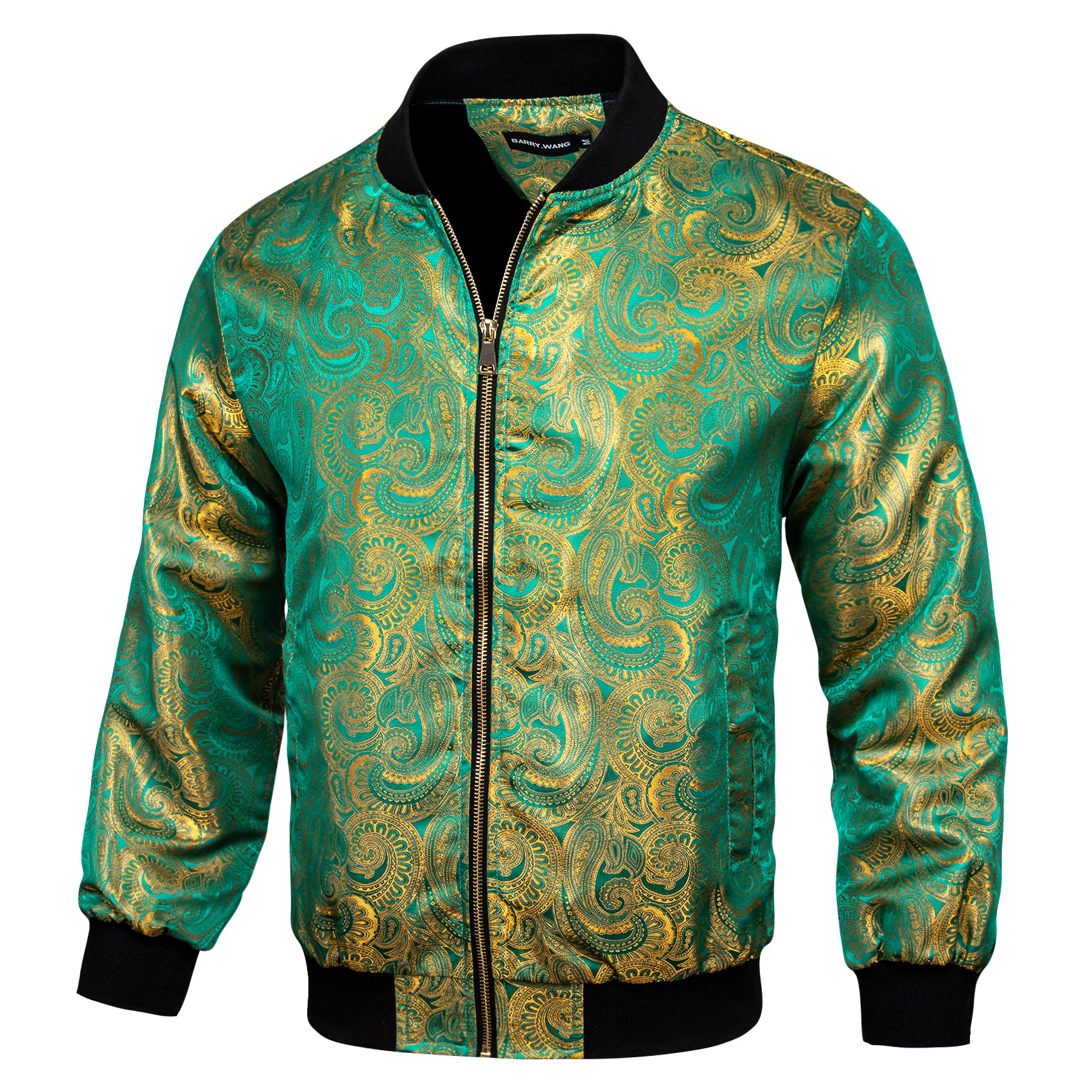 Barry.wang Zipper Jacket Green Gold Floral Jacquard Paisley Men's Jacket