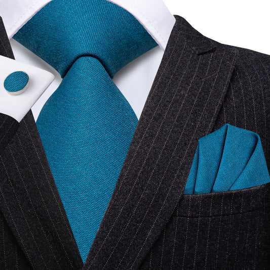 Barry. Wang Teal Tie Set for Men 3.35" Regular Fit Solid Necktie Pocket Square for Smart Casual Daily Wear
