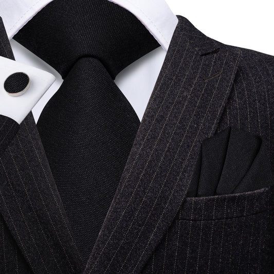 Barry. Wang Black Necktie for Formal Business Solid Jacquard Silk Tie Hanky Cufflinks Set