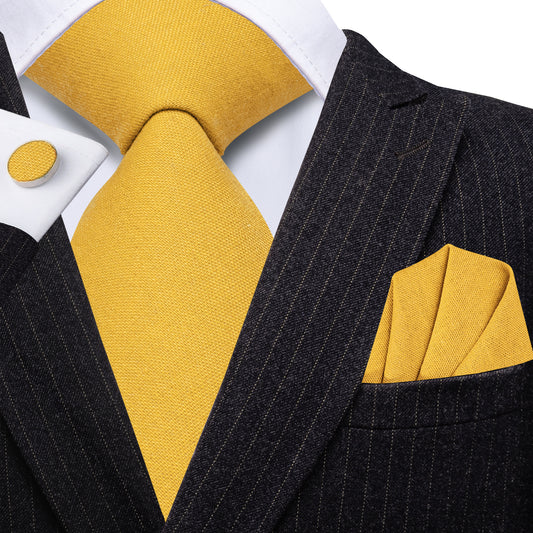 Barry. Wang Yellow Tie Pocket Square Set Solid Linen Tie Set for Mens Wedding Business Party