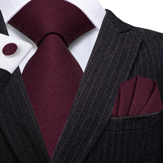 Barry. Wang Burgundy Solid Mens Tie Set Linen Blend Necktie Hanky Cufflinks for Prom Suit