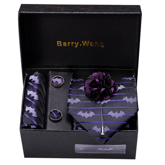 Barry. Wang Purple Bat Necktie Mens Black Tie Hanky Cufflinks Set with Lapel Pin Gift Box