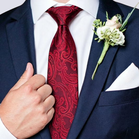 Barry. Wang Red Paisley Tie for Men Formal Suit Tie Handkerchief Cufflinks Set