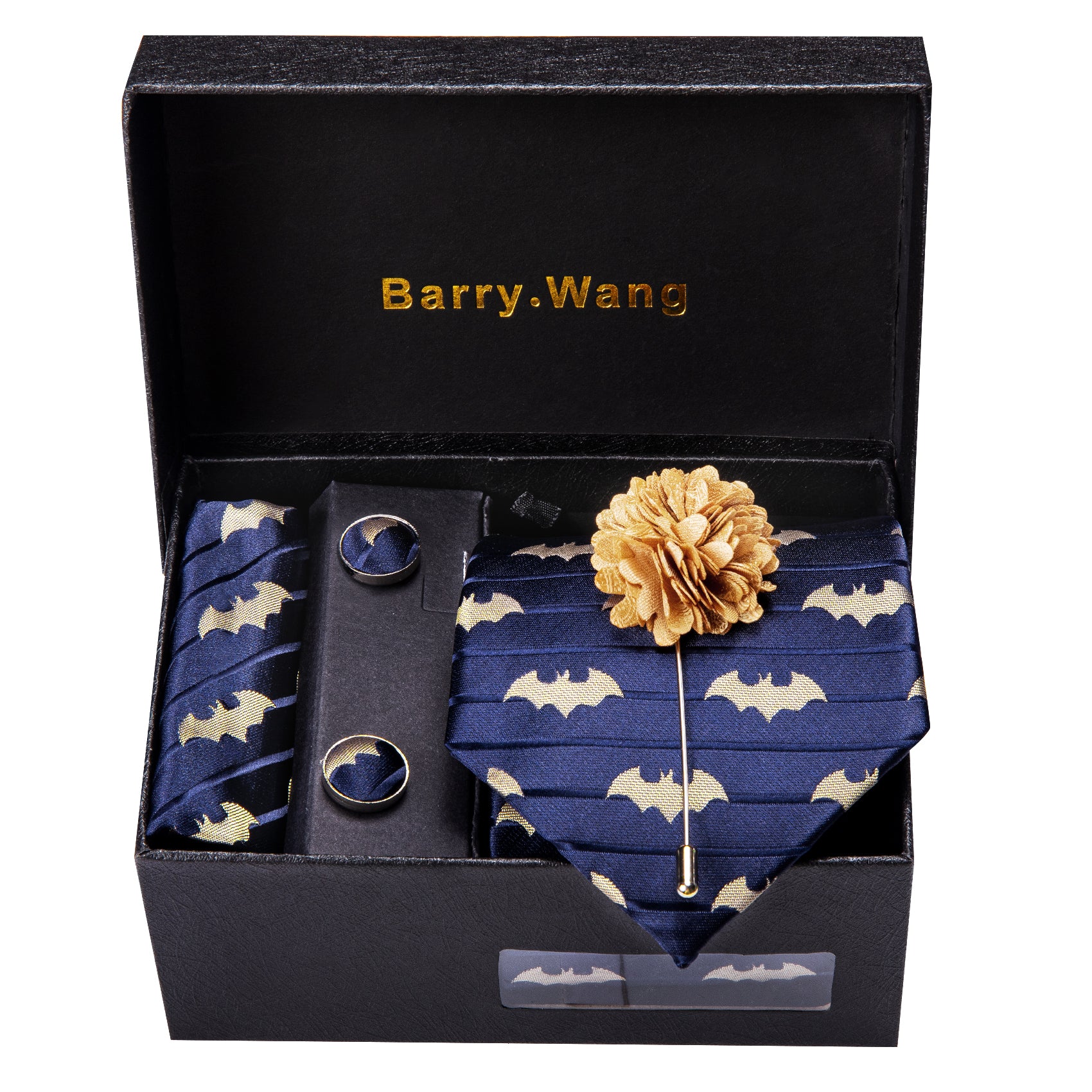 Barry Wang Black Purple Bat Silk Mens Tie Handkerchief Cufflinks