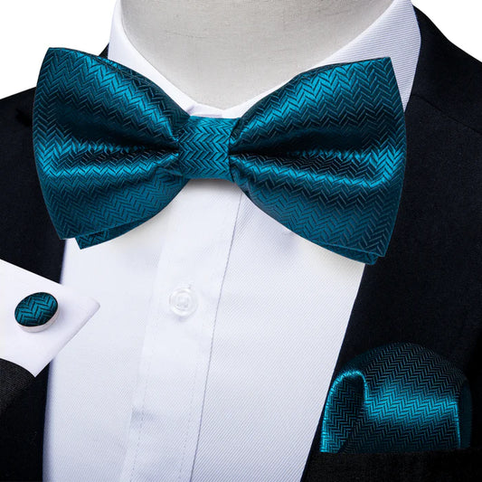 Barry. Wang Teal Blue Bowtie Pre-tied Solid Tuxedo Bow Tie Pocket Square Cufflinks Set