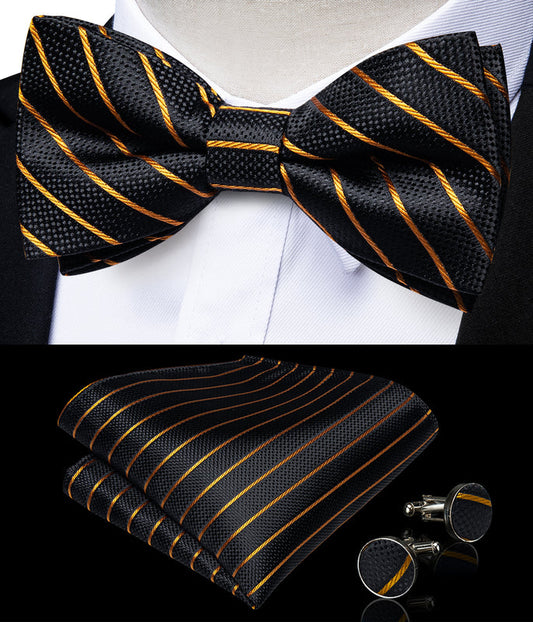 Barry. Wang Black Gold Stripe Bowtie Pocket Square Cufflinks Set
