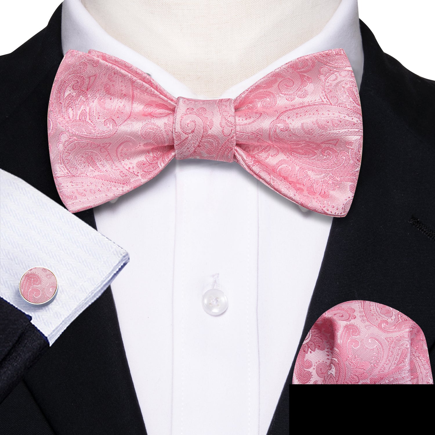 Pink Paisley Bow Tie Hanky Cufflinks Set