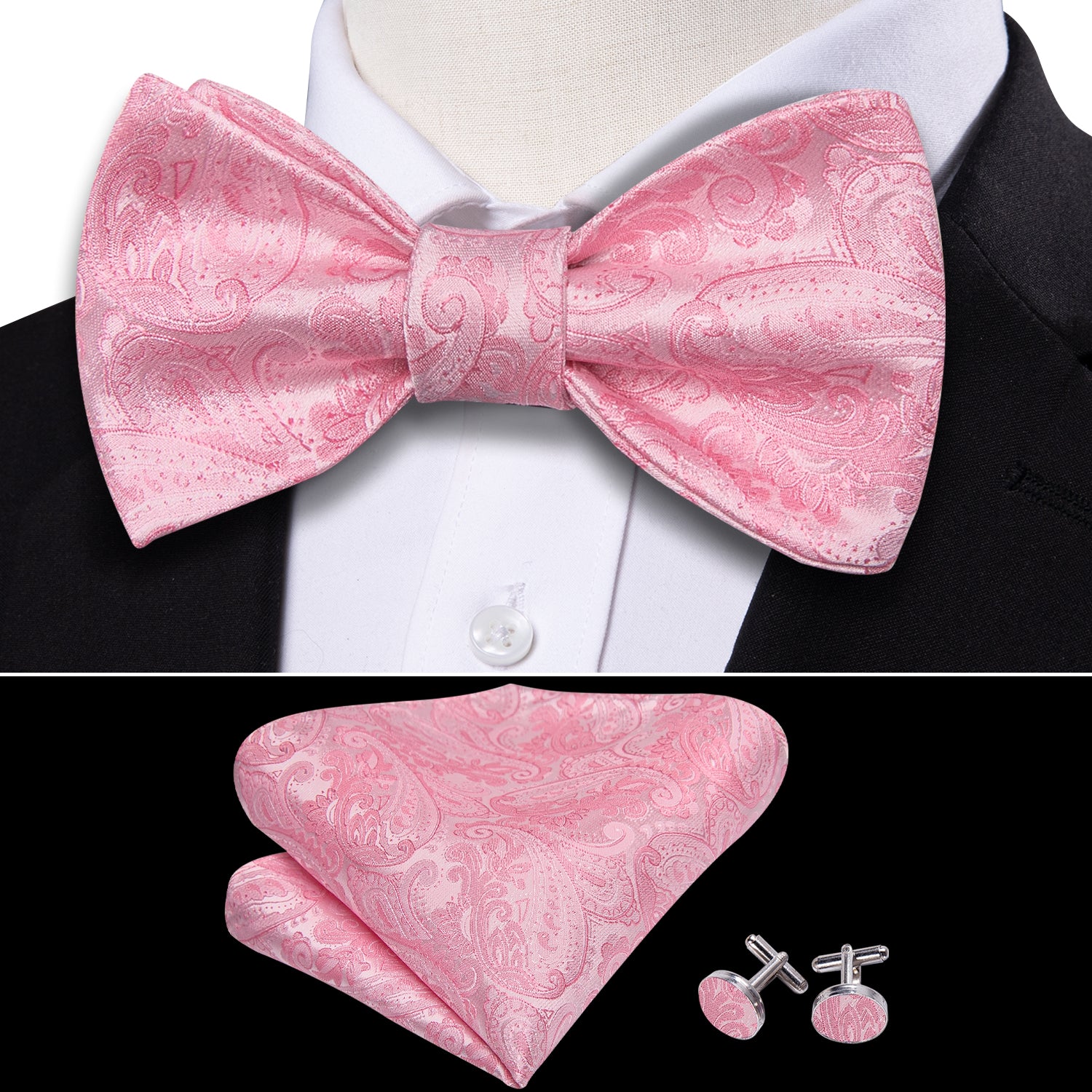 New Pink Paisley Bow Tie Hanky Cufflinks Set