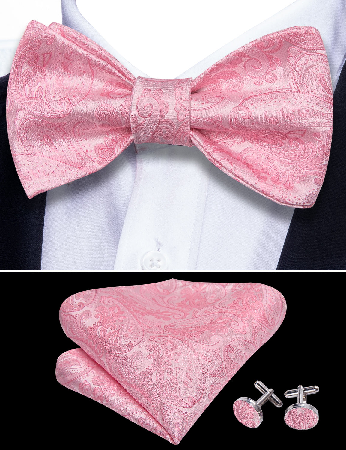 New Pink Paisley Bow Tie Hanky Cufflinks Set