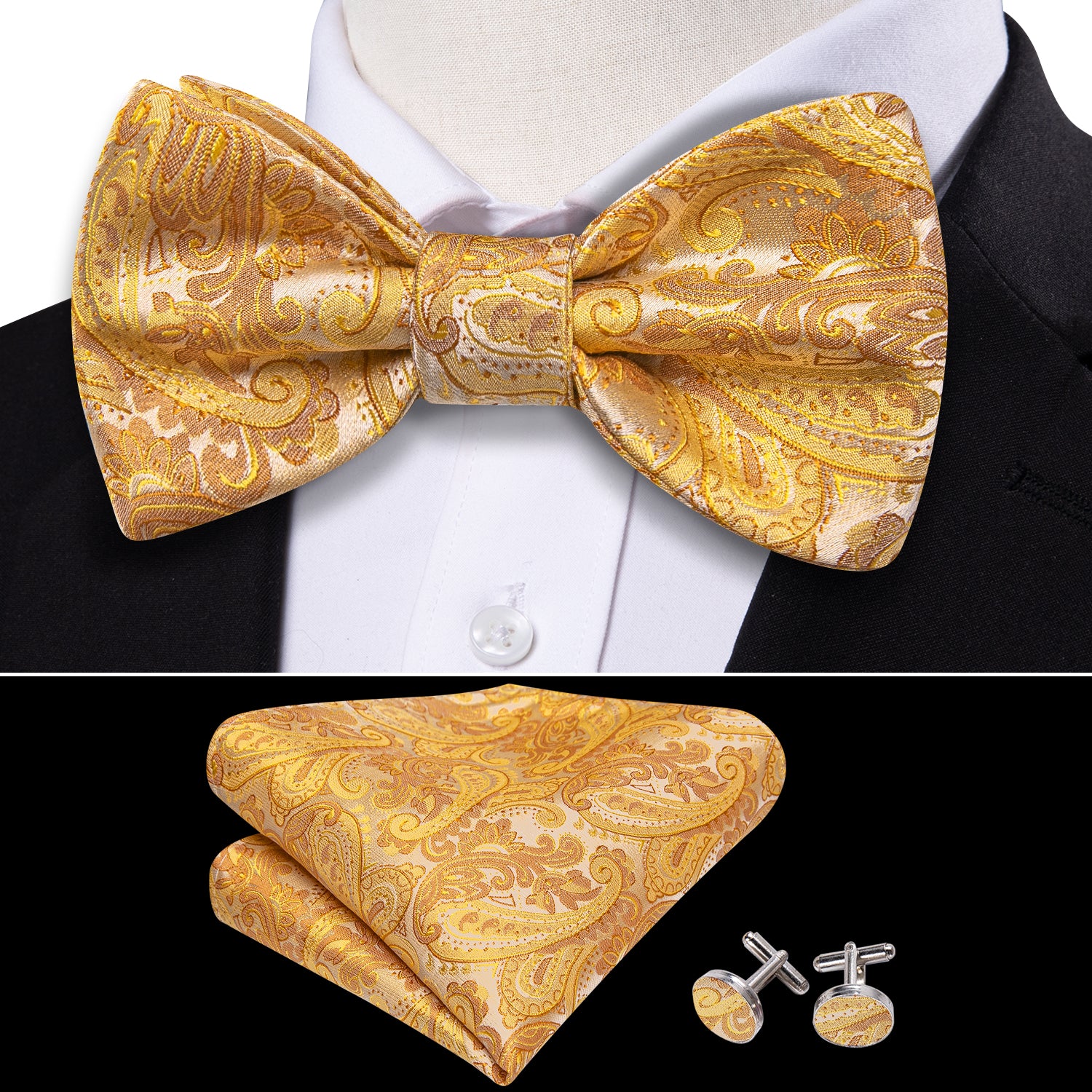 Gold Yellow Paisley Bow Tie Hanky Cufflinks Set