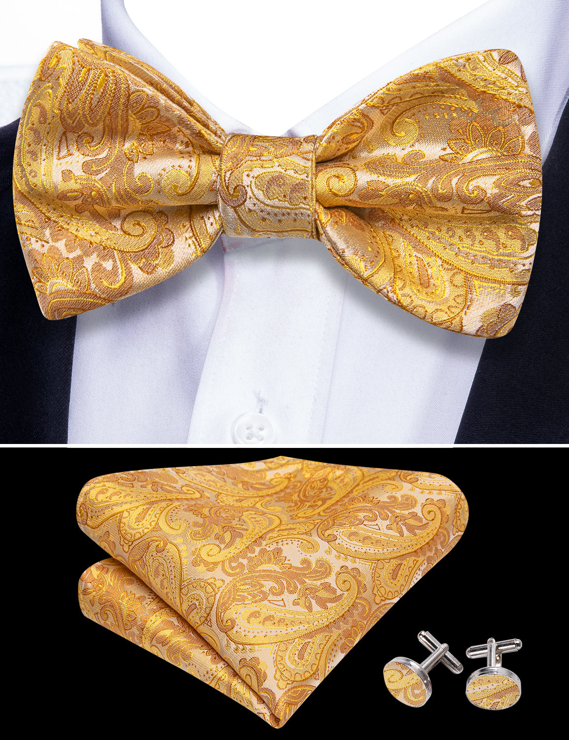 Gold Yellow Paisley Bow Tie Hanky Cufflinks Set