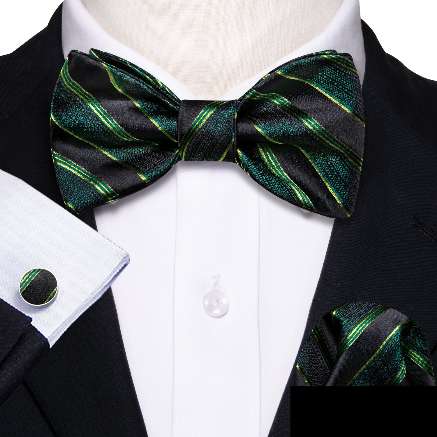 Green Black Striped Bow Tie Hanky Cufflinks Set