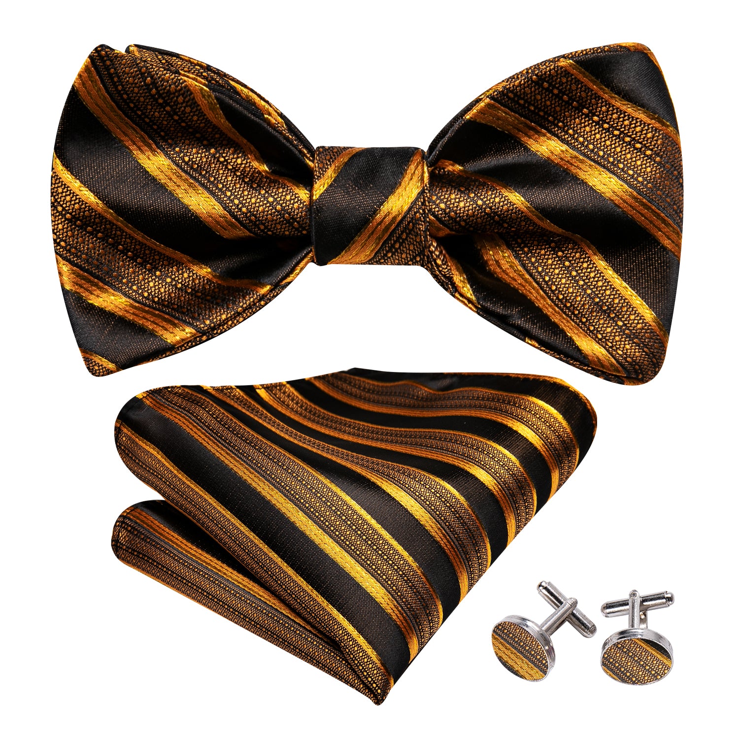  Black Gold Striped Bow Tie Hanky Cufflinks Set