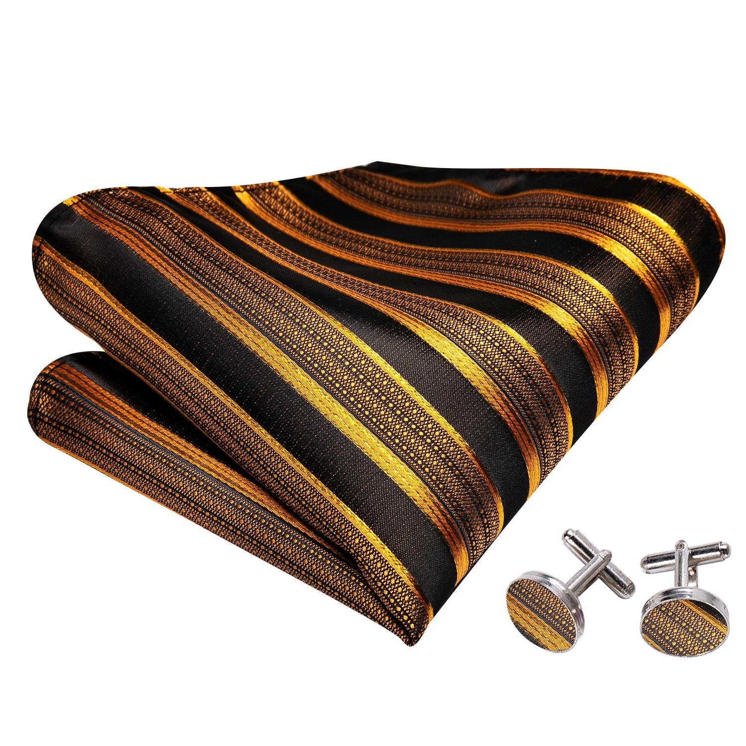 Gold Black Striped Bow Tie Hanky Cufflinks Set