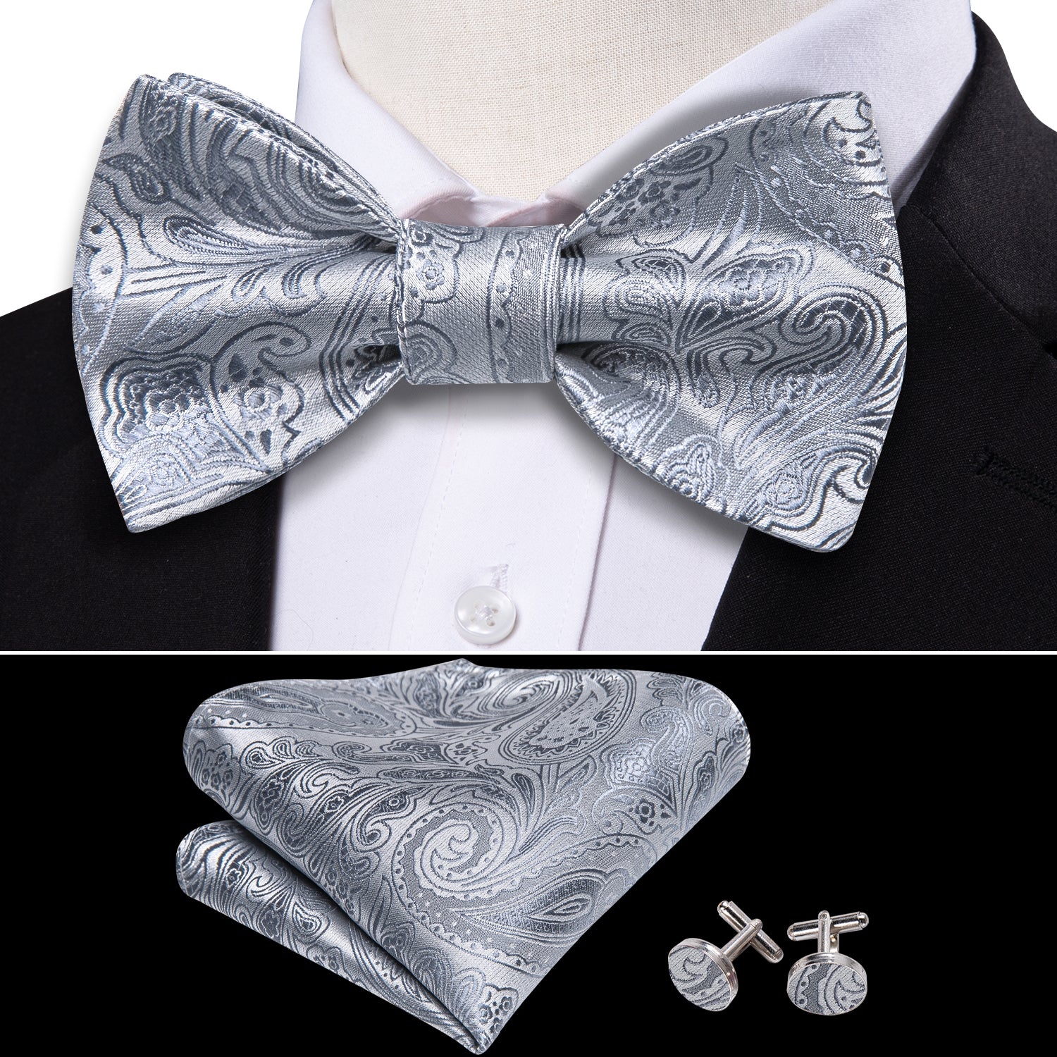Silver Paisley Bow Tie Hanky Cufflinks Set