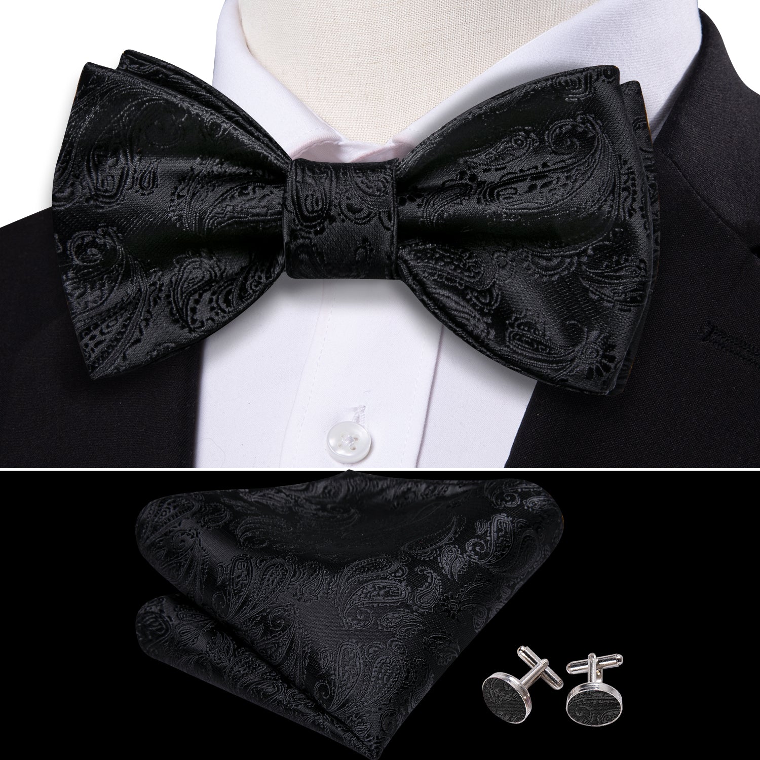 Luxury Black Paisley Bow Tie Hanky Cufflinks Set