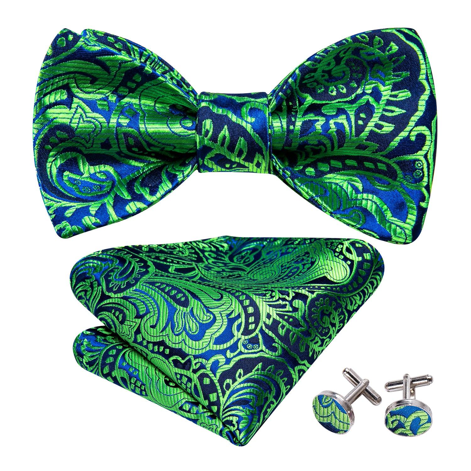 Green Blue Paisley Bow Tie Hanky Cufflinks Set