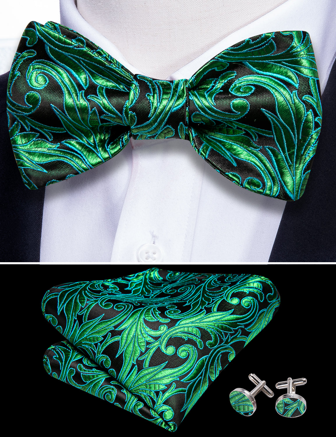 Fashion Green Paisley Bow Tie Hanky Cufflinks Set