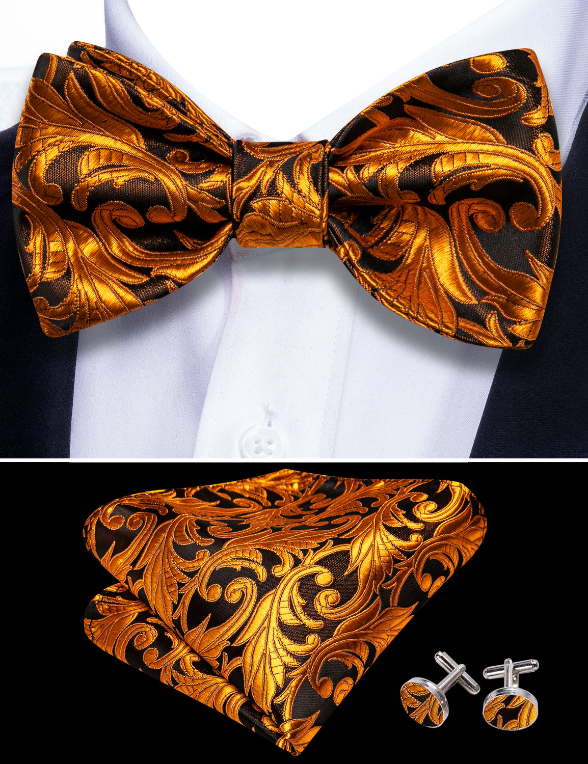 Classy Gold Black Paisley Bow Tie Hanky Cufflinks Set