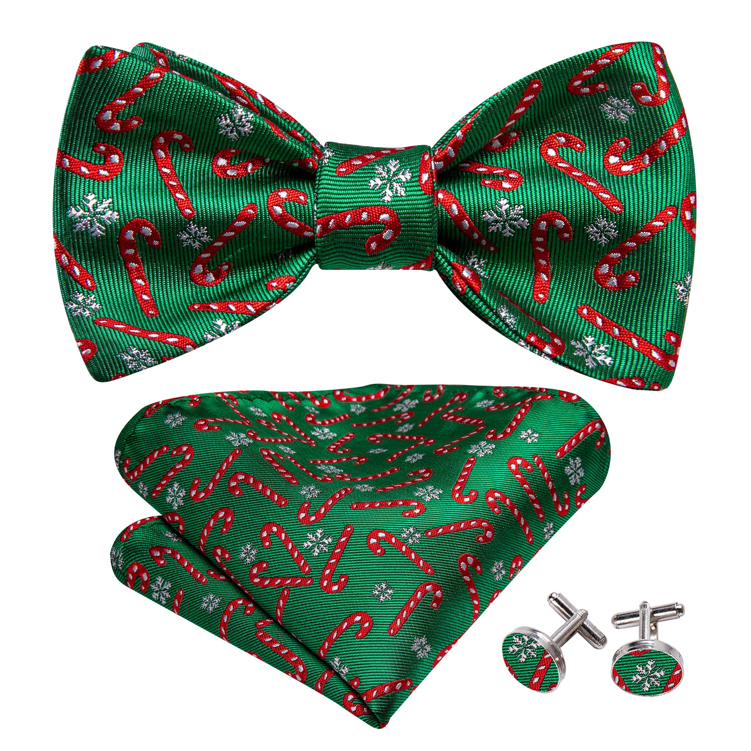Christmas Green Red Crutch Bow Tie Hanky Cufflinks Set