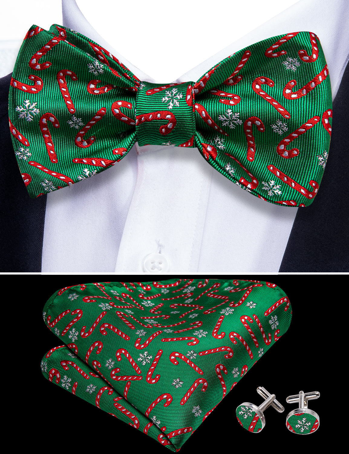 Barry Wang Christmas Green Bow Tie with Candy Cane Pattern Hanky Cufflinks Set