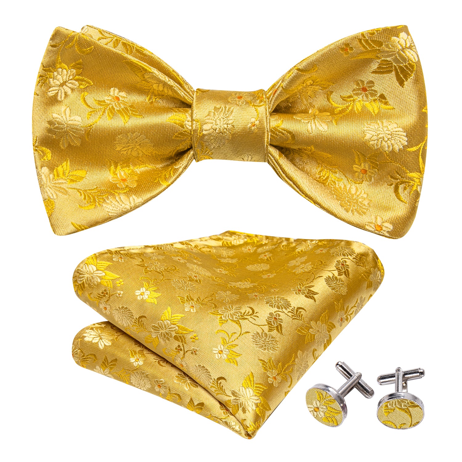 Gold Floral Bow Tie Hanky Cufflinks Set