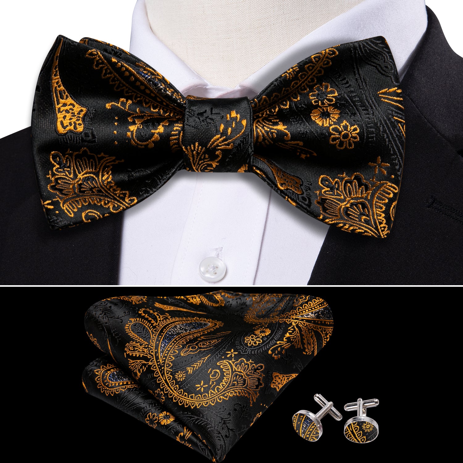 Fashion Black Gold Paisley Bow Tie Hanky Cufflinks Set