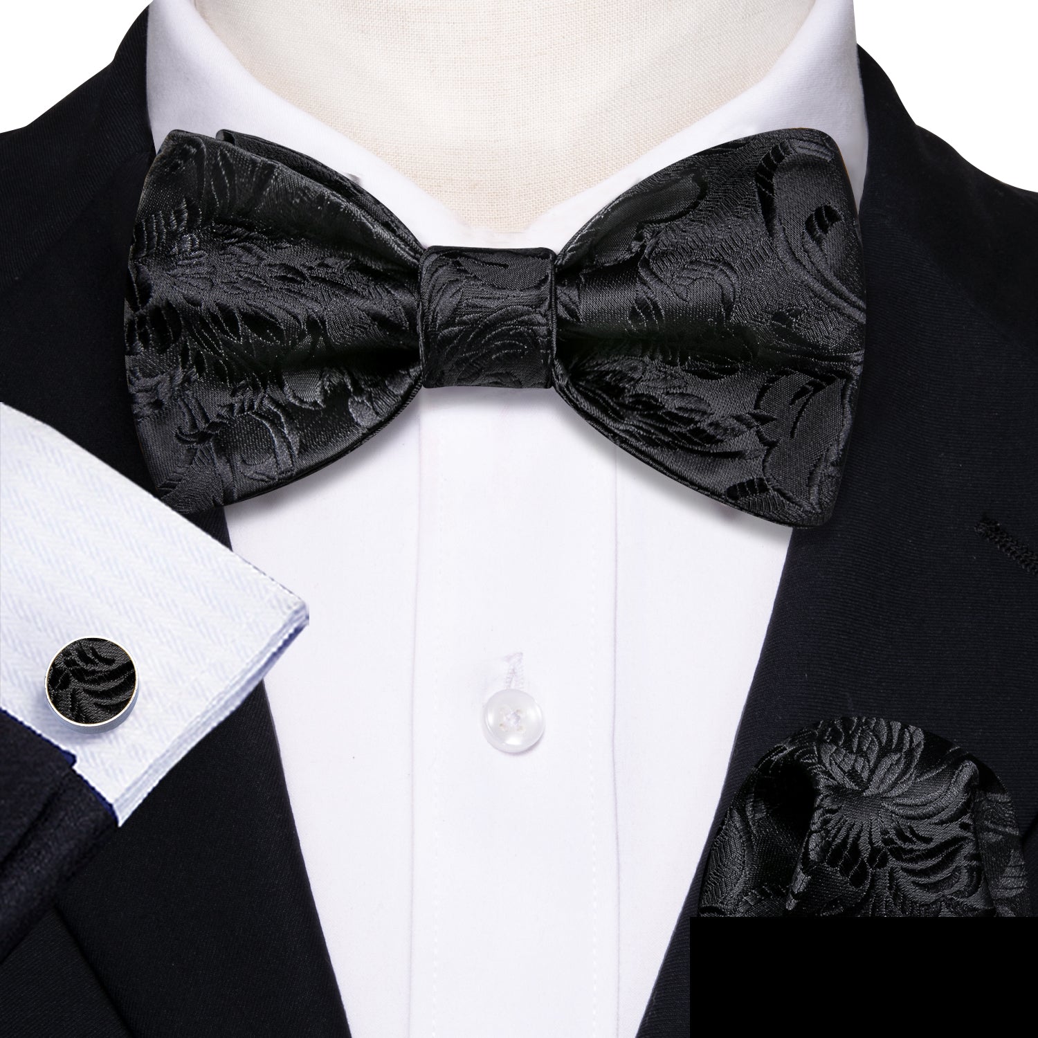 Formal Black Paisley Bow Tie Hanky Cufflinks Set