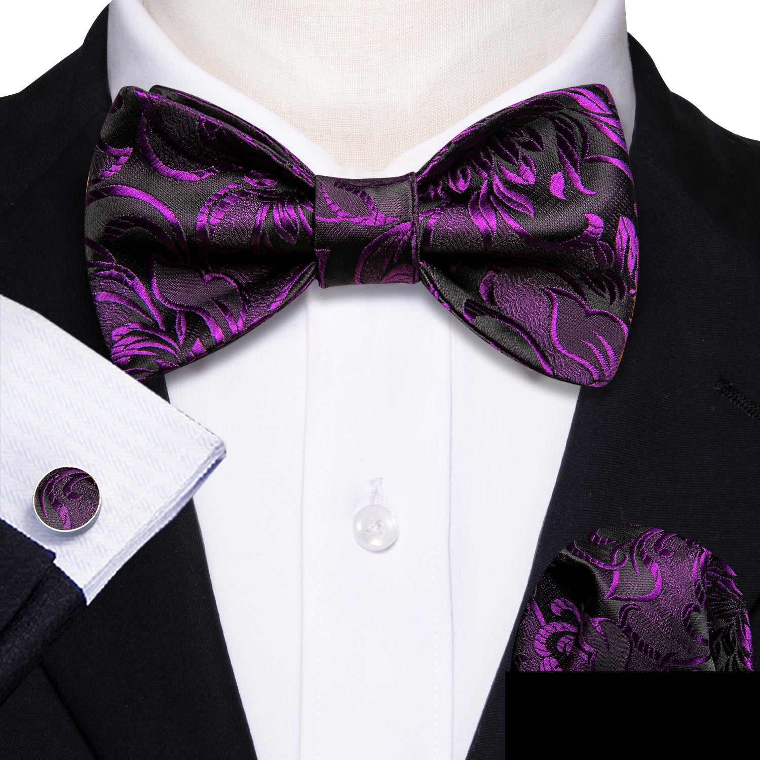 Black Purple Floral Bow Tie Hanky Cufflinks Set