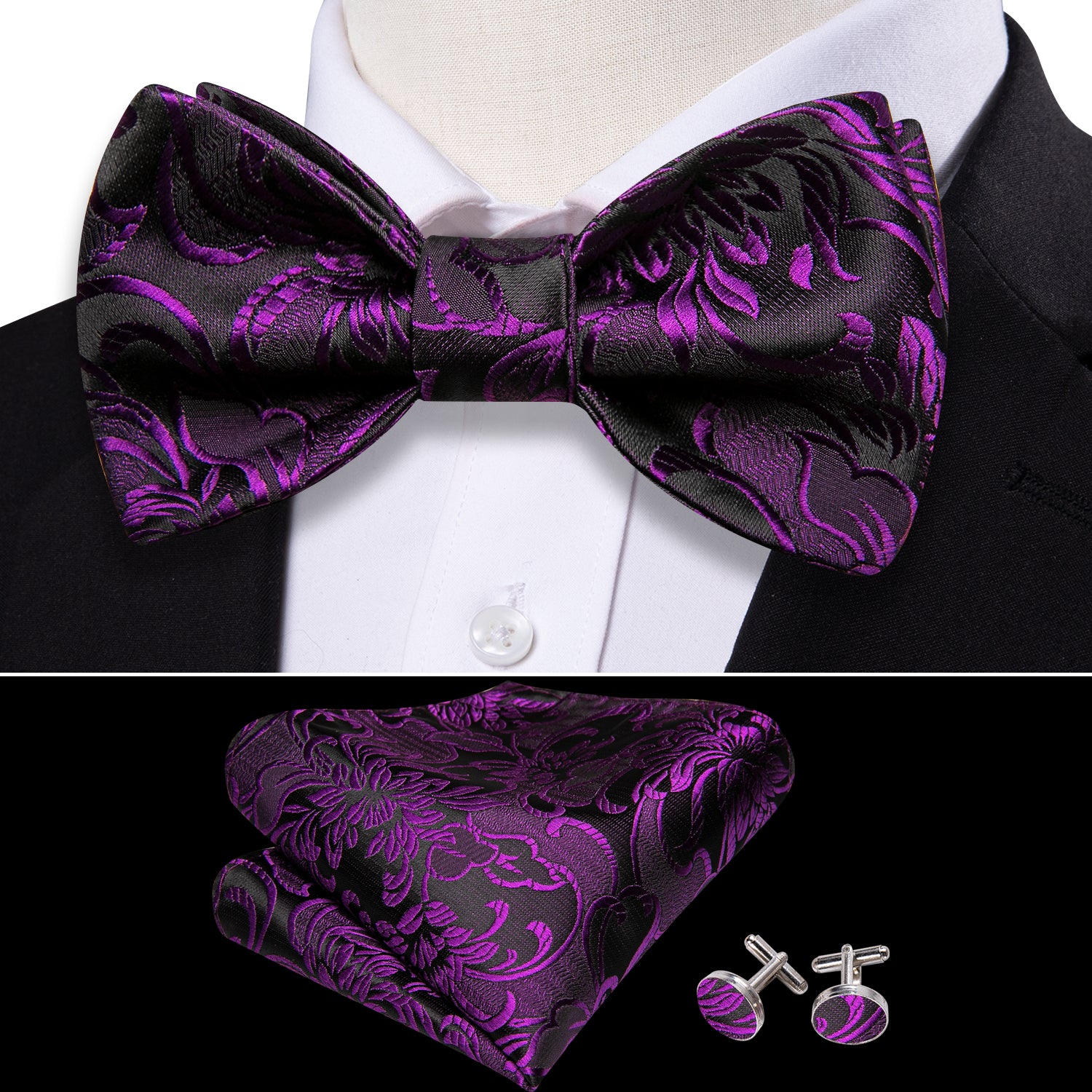 Black Purple Floral Bow Tie Hanky Cufflinks Set