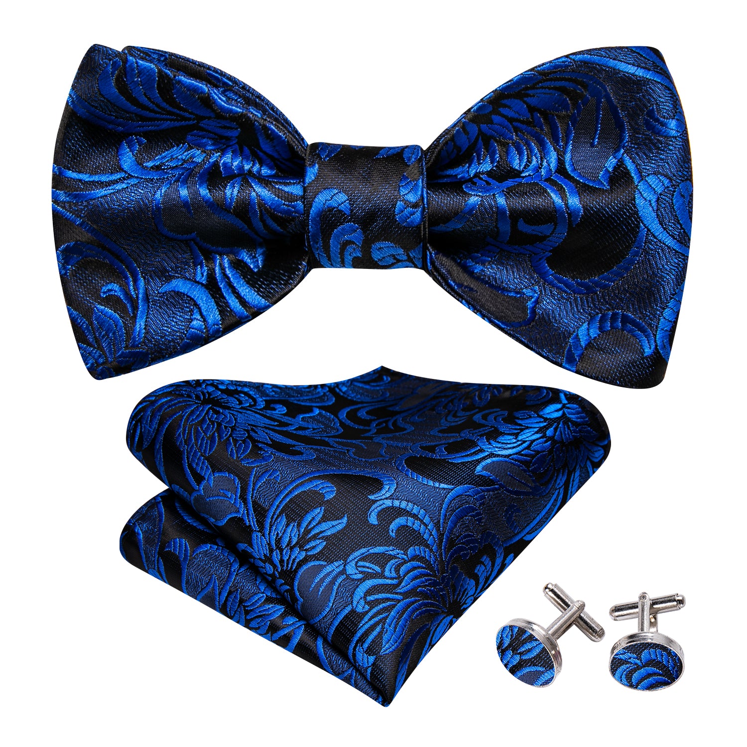 Peacock Blue Paisley Bow Tie Hanky Cufflinks Set