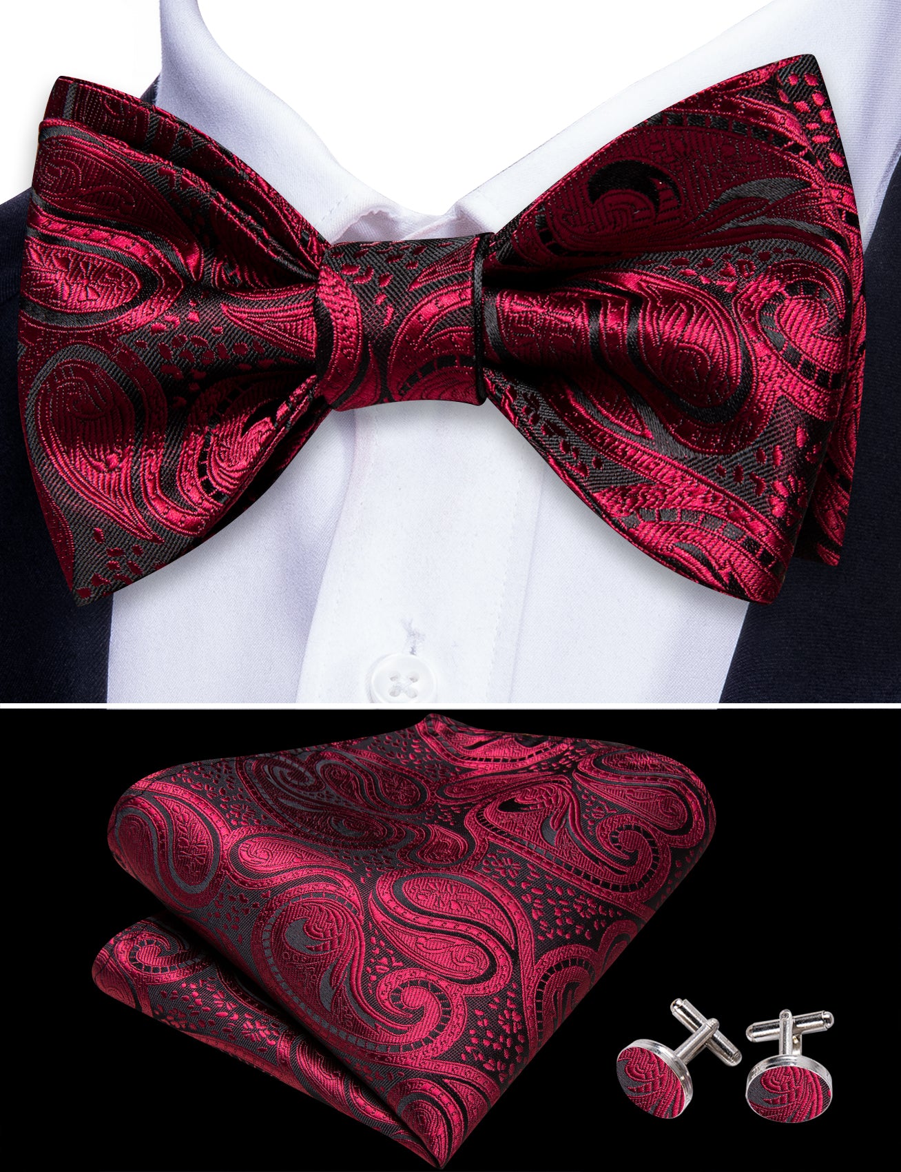 Black Red Paisley Self Tie Bow Tie Hanky Cufflinks Set