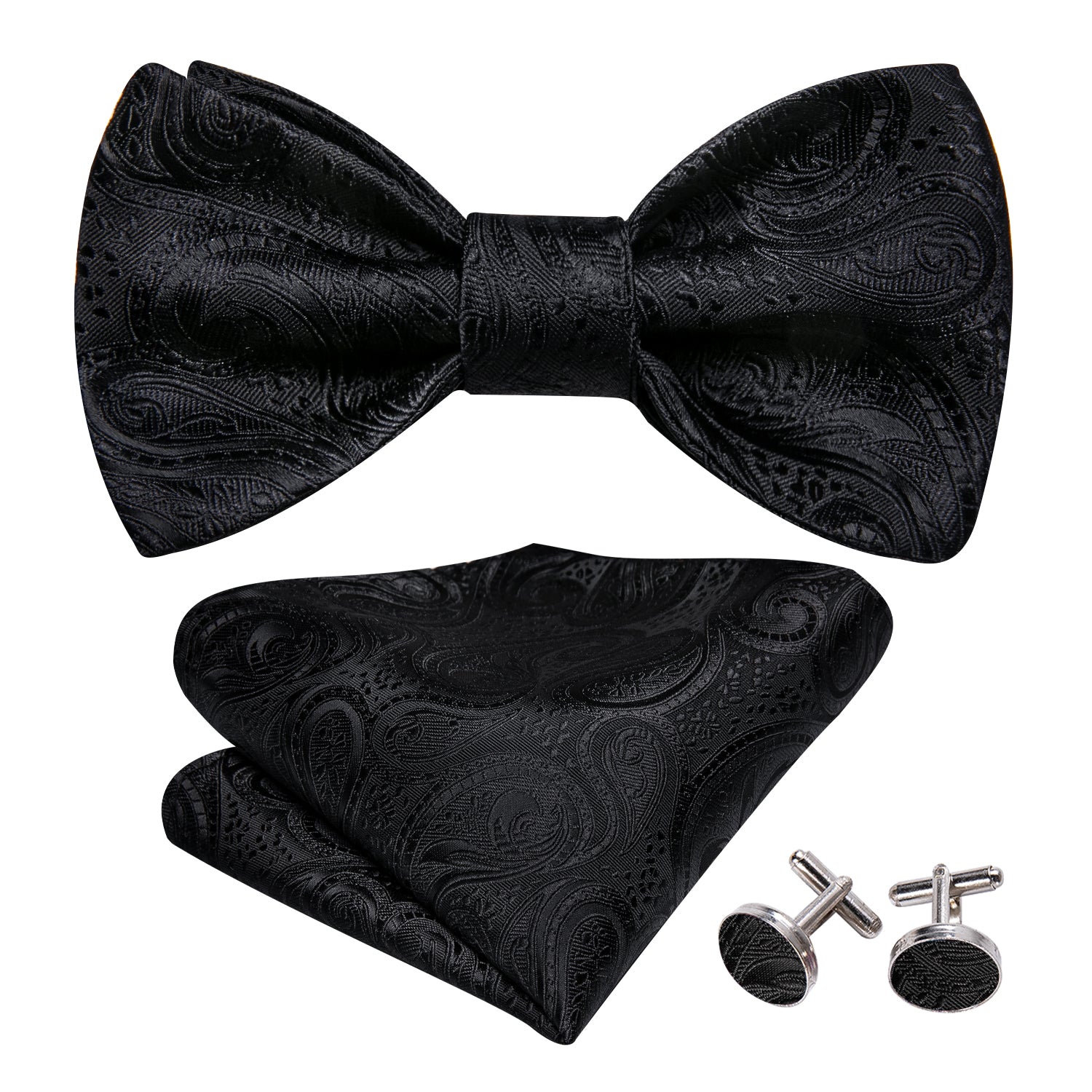 Classy Black Floral Bow Tie Hanky Cufflinks Set