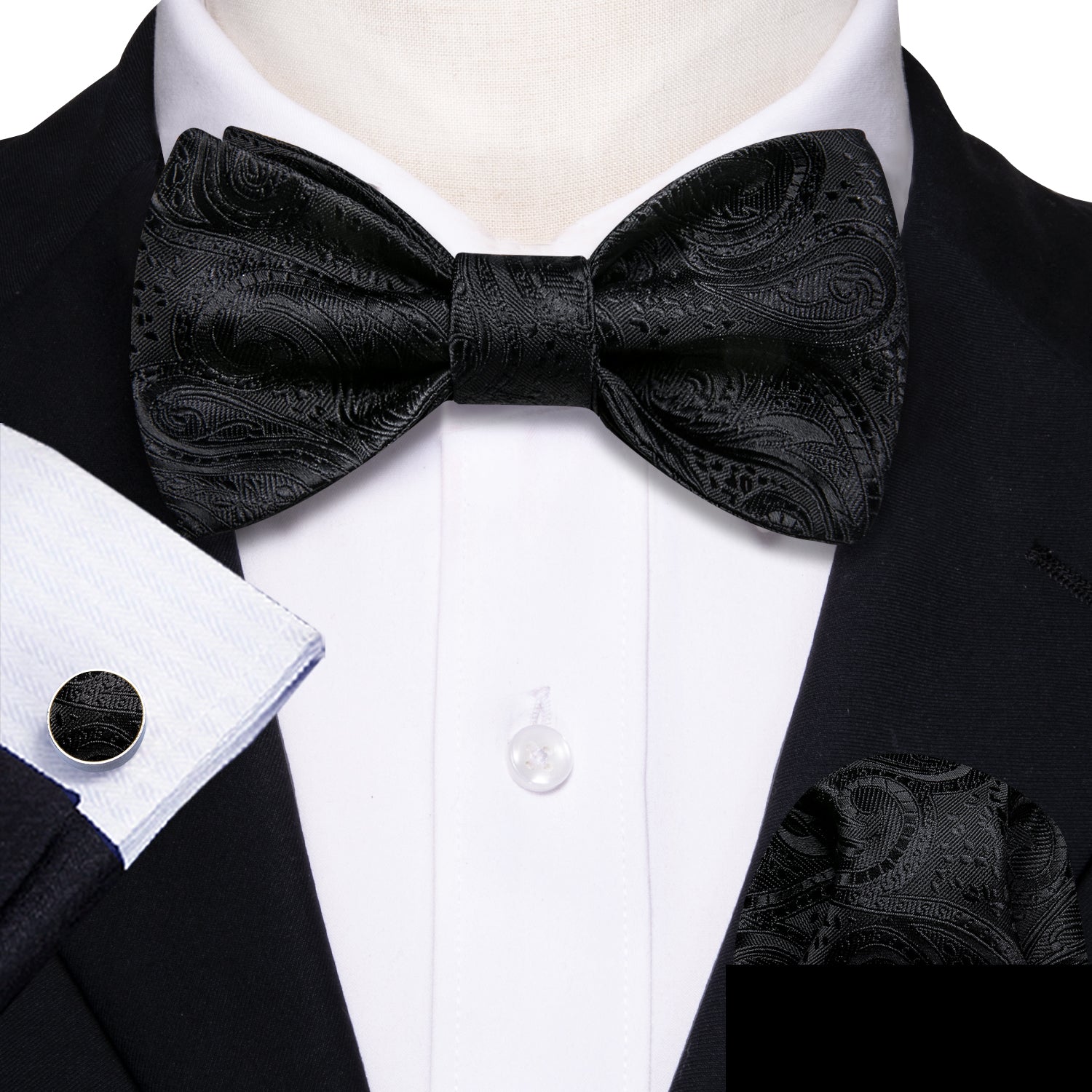 Classy Black Floral Bow Tie Hanky Cufflinks Set