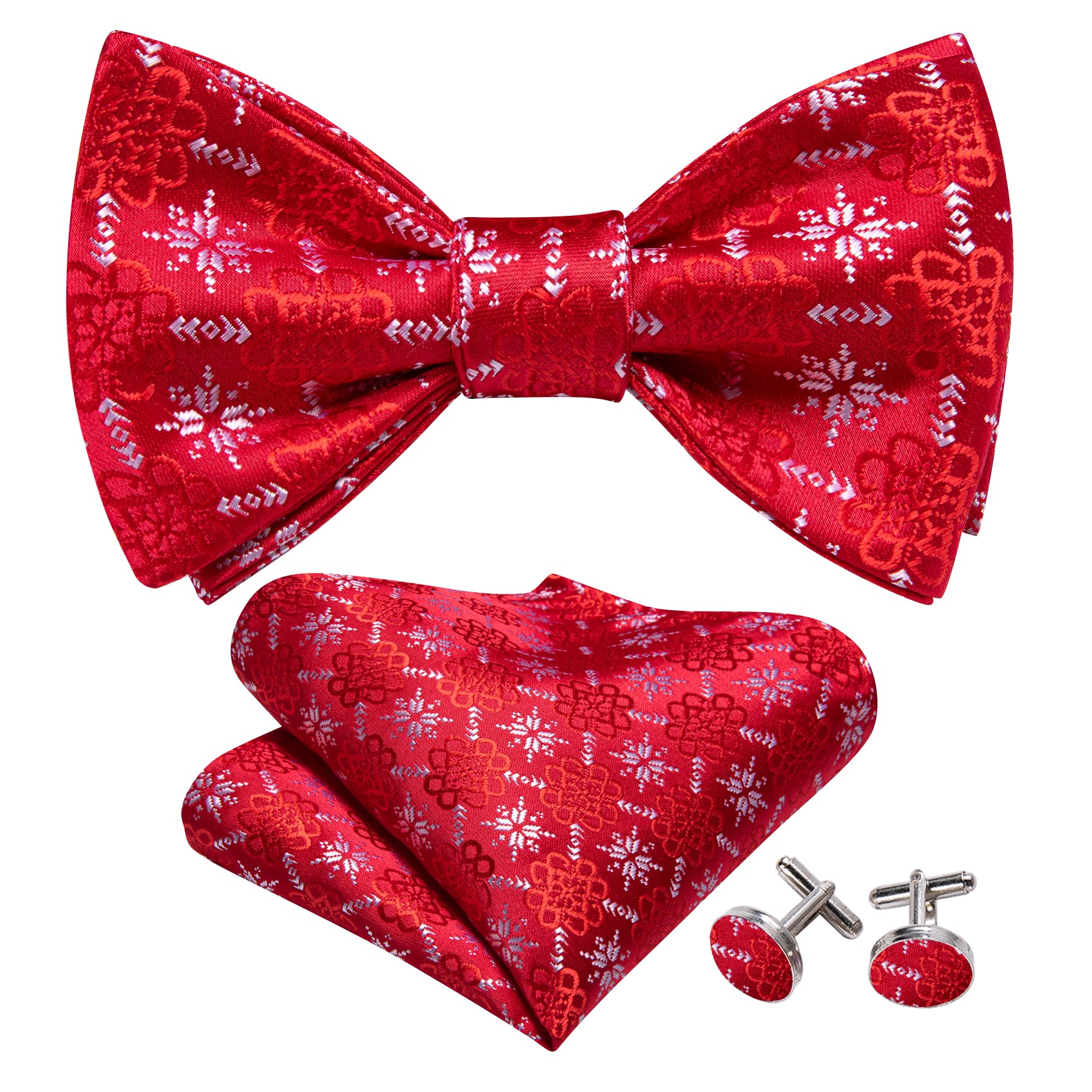 Christmas Red White Snowflake Pattern Silk Self Tie Bow Tie Hanky Cufflinks Set