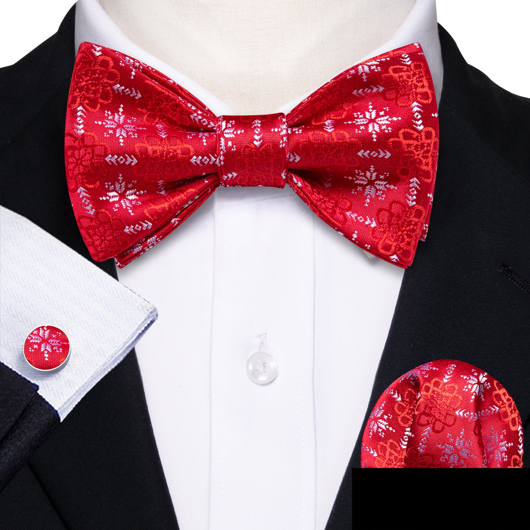 Christmas Red White Snowflake Pattern Silk Self Tie Bow Tie Hanky Cufflinks Set