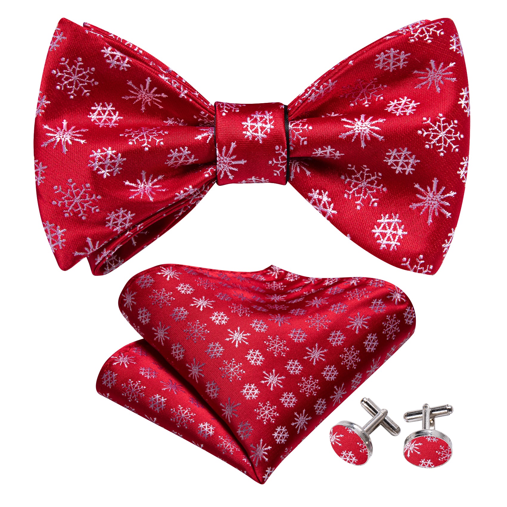 Christmas Red White Snowflake Silk Self Tie Bow Tie Hanky Cufflinks Set