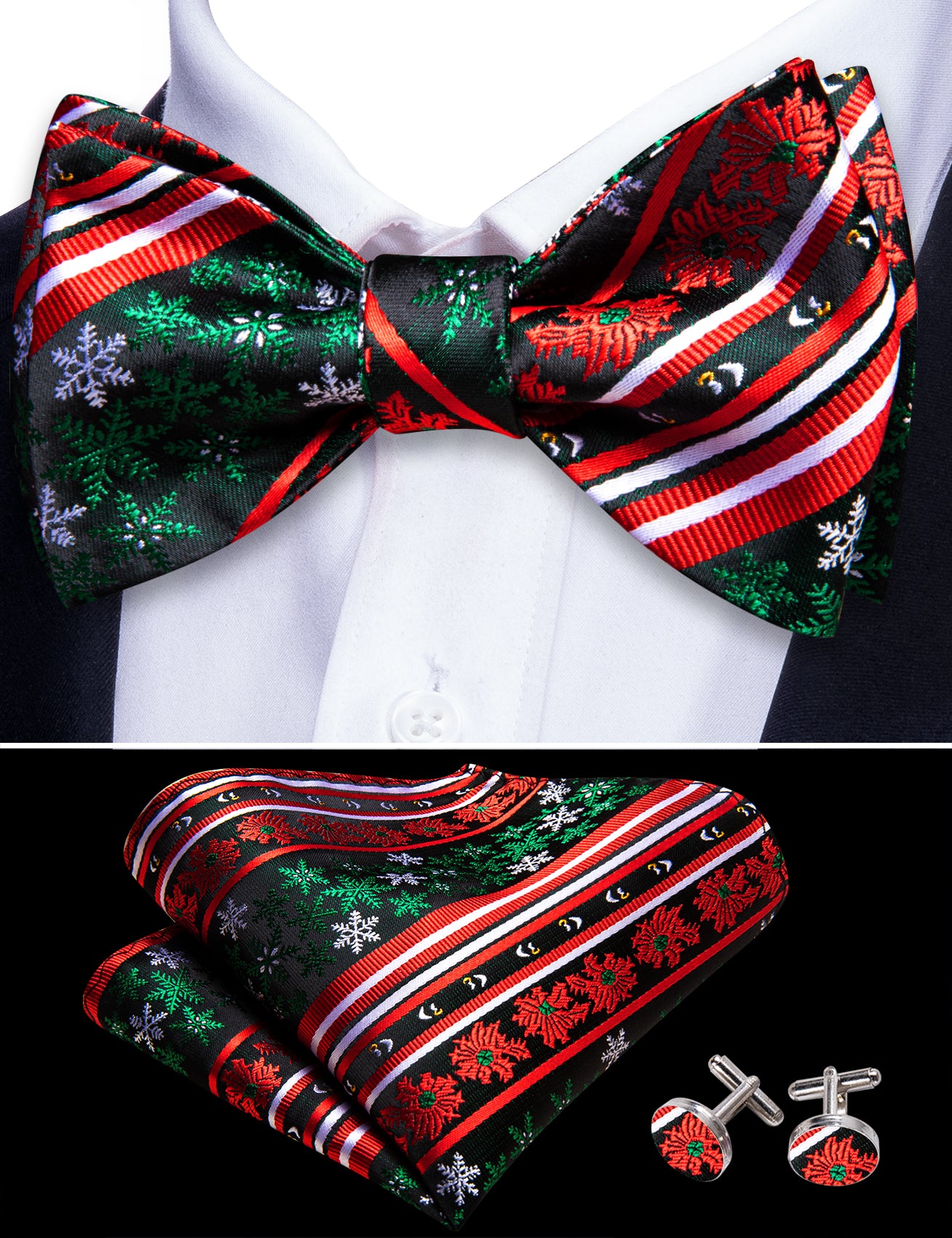Christmas Green Red Snowflake Self Tied Bow Tie Hanky Cufflinks Set